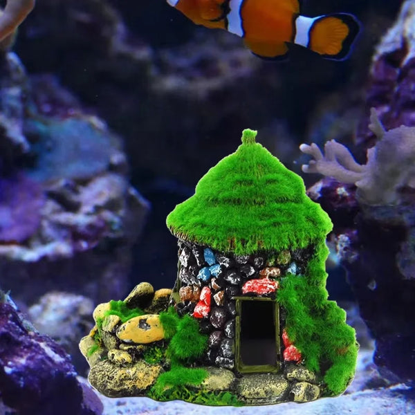 Aquarium Decoration House Resin House Betta Cave with Realistic Green Moss Fish Tank Ornaments Shelters Hideout Aquatic Rockery - Image 3