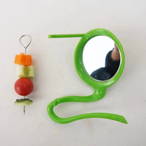 Bird Mirror Toy with Plastic Perch Stand Parrot Metal Fruit Vegetable Holder Feeder Lovebirds Finches Canaries Cage Accessories - Image 2