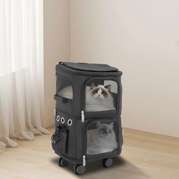 Double-Compartment Pet Rolling Carrier Cat Carrier w/Wheels Ventilated Design Pet Trolley Bag for 2 Pets Traveling, Camping - Image 2