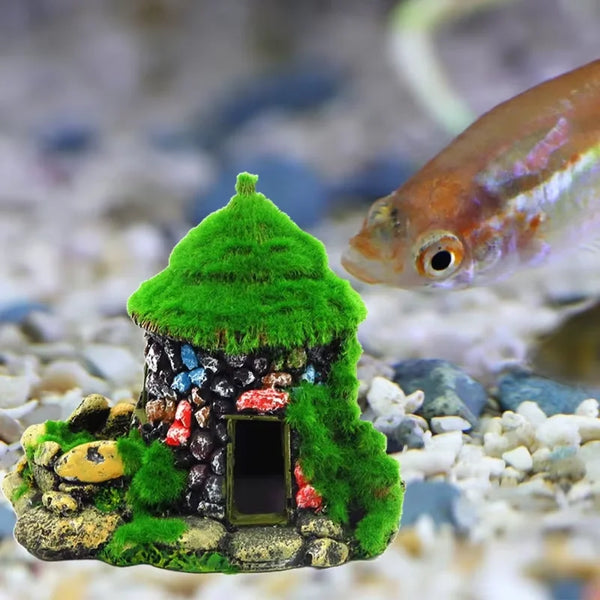 Aquarium Decoration House Resin House Betta Cave with Realistic Green Moss Fish Tank Ornaments Shelters Hideout Aquatic Rockery - Image 5