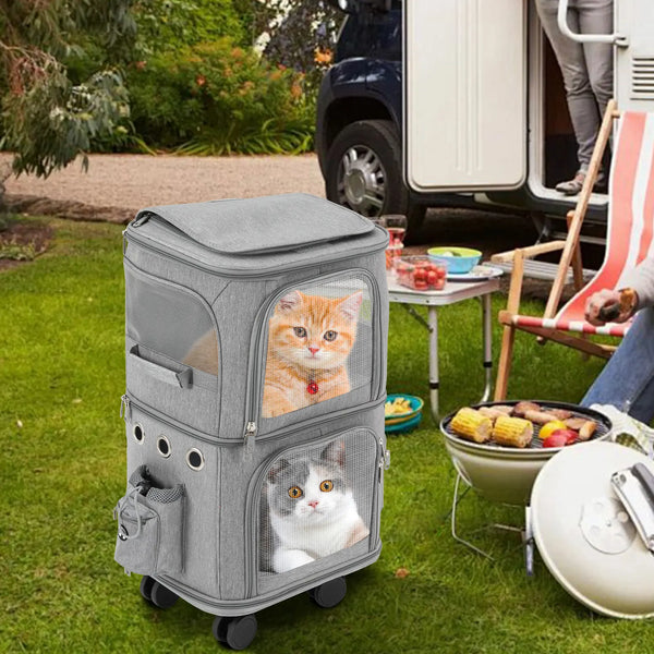 Double-Compartment Pet Rolling Carrier Cat Carrier w/Wheels Ventilated Design Pet Trolley Bag for 2 Pets Traveling, Camping - Image 3