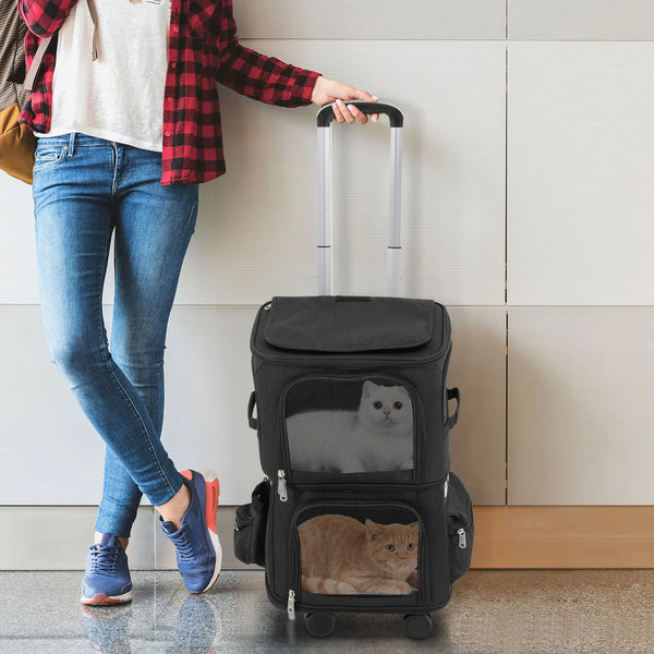 Double-Compartment Pet Rolling Carrier Cat Carrier w/Wheels Ventilated Design Pet Trolley Bag for 2 Pets Traveling, Camping - Image 4