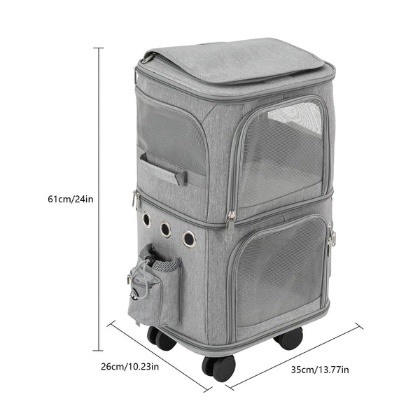 Double-Compartment Pet Rolling Carrier Cat Carrier w/Wheels Ventilated Design Pet Trolley Bag for 2 Pets Traveling, Camping - Image 5